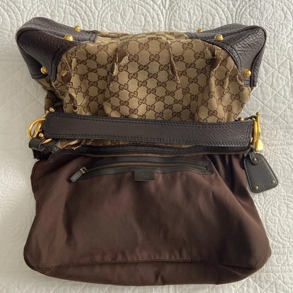 Gucci Jockey GG Monogram Canvas Brown Pebbled Leather Hobo Shoulder Bag - Picture 12 of 16